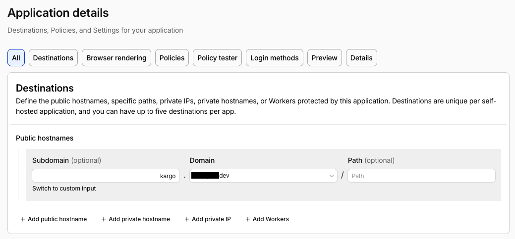 Access Application destinations tab, showing a public hostname configured for a self-hosted app