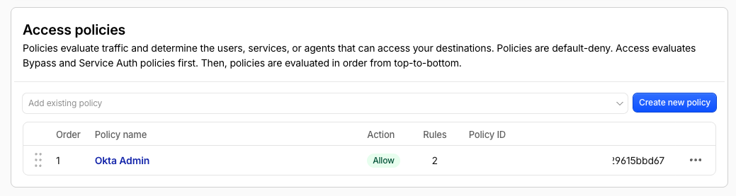 Access policies list showing an Okta-backed allow policy