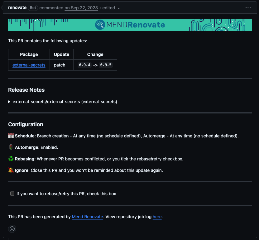 Renovate bot’s PR comment summarizing the patch update from 0.9.4 to 0.9.5